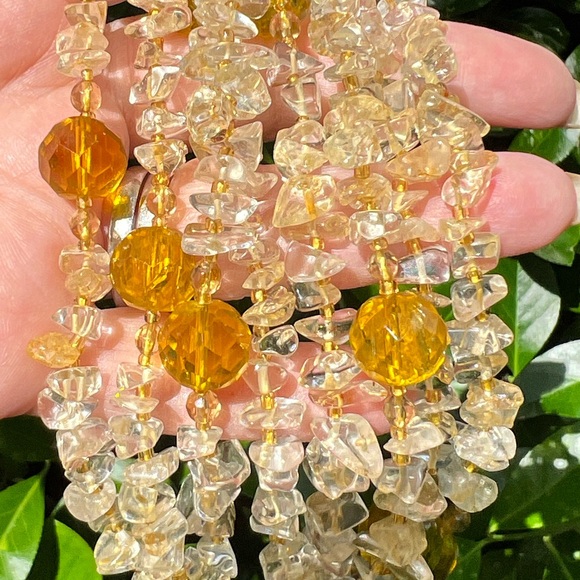 VINTAGE VERY LONG CITRINE & FACETED YELLOW GLASS BEADS NECKLACE UNIQUE STATEMENT